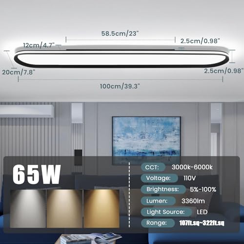 Black LED Ceiling Light Dimmable 39 Inch with Remote Control for Living Room Kitchen