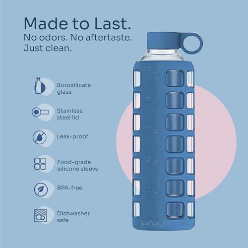 Purifyou 32oz Borosilicate Glass Water Bottle with Time & Volume Markers, Silicone Sleeve, Stainless Steel Lid – Chinese Porcelain Variant