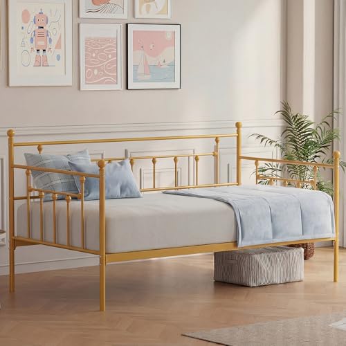 Gold Twin Daybed Frame with Metal Slats & Headboard - Modern Sofa Bed for Living Room & Guest Room