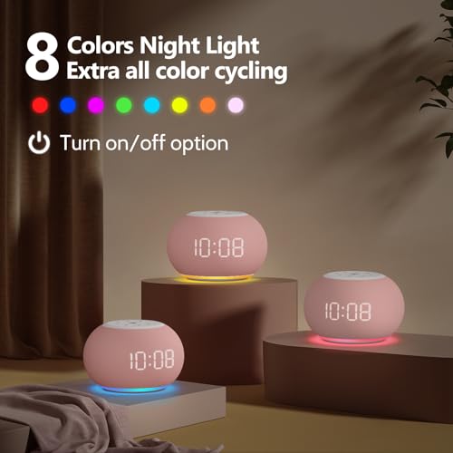 Pink Auto Dimmable Sound Machine Alarm Clock with Night Light for Girls