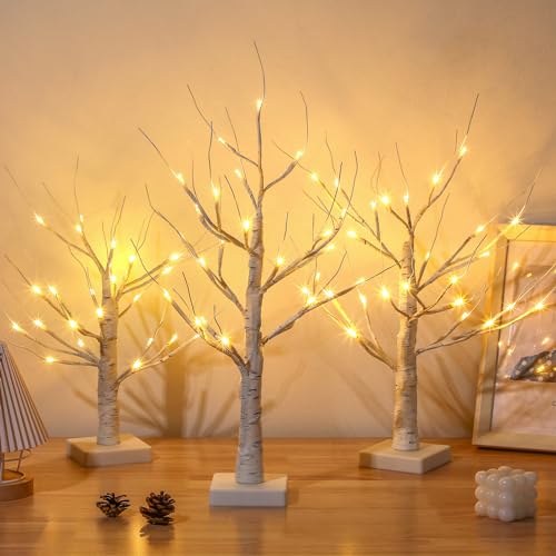 VIHOSE 3 Pcs Lighted Birch Tree Indoor Decor Set White Variation - 18/20/24 in