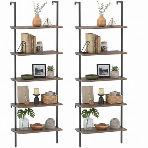 Rustic Brown 5-Tier Wall-Mounted Ladder Shelf Set - Industrial Wood Bookcase, 2PCS