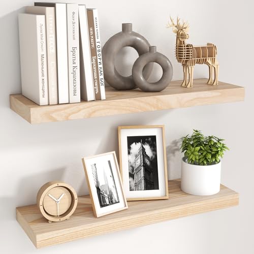 Natural Wood Floating Shelves 24 Inch Set of 2 - Wall Mount Storage