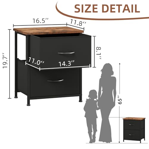 Small Nightstand with 2 Drawers - Rustic Black Bedside Table 16.5x11.8x19.7 Inches