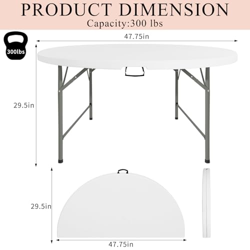 4 FT White Round Folding Table with Carrying Handle - Portable Plastic Outdoor Indoor