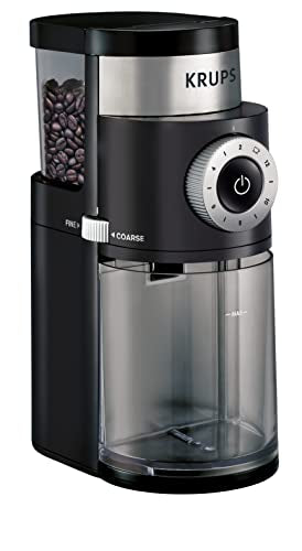 KRUPS Coffee Grinder 12 Settings, 8oz Capacity, Auto-Stop, Easy Clean - Black + Silver