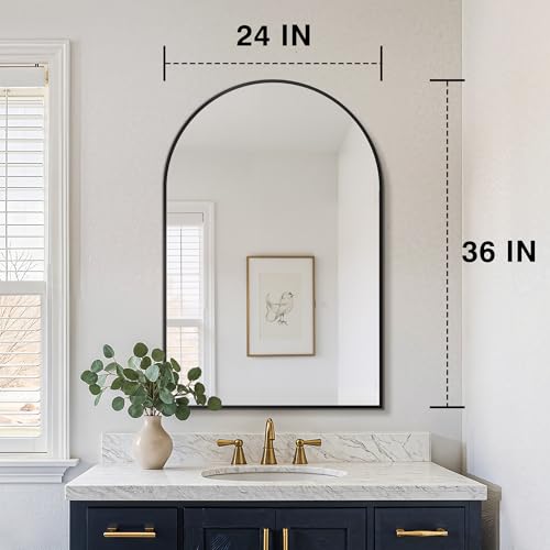 FICTOR 36x24 Inch Arched Bathroom Vanity Mirror Black with Aluminum Frame, Over Sink