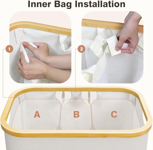 Bathola Beige 145L Large Laundry Hamper with Lid & 3 Removable Bins