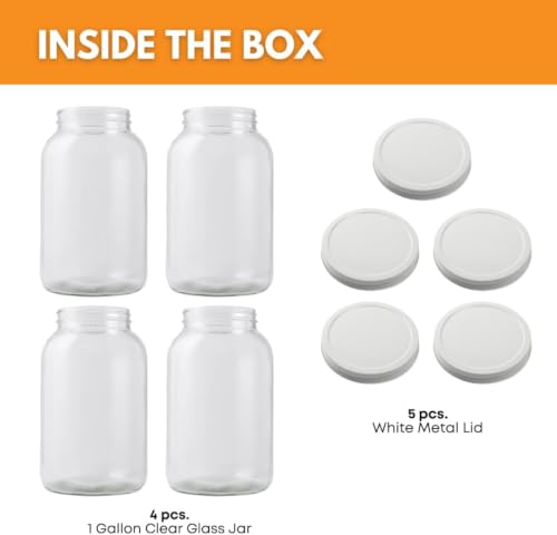 4 Pack 1-Gallon Wide Mouth Glass Jars with Metal Lids - Heavy-Duty Food Storage
