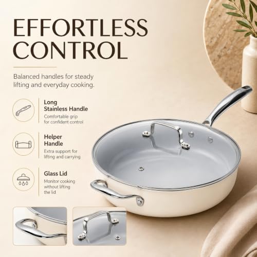 Kikcoin 12 Inch Ceramic Nonstick Deep Frying Pan with Lid, 5 QT - Cream & Grey