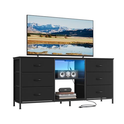 TV Stand for 65 Inch TVs with 6 Fabric Drawers and Shelves - Ink Black, 13.8"D x 57.8"W x 26.8"H