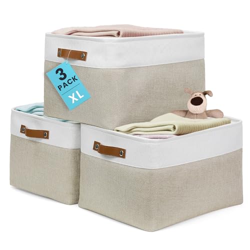 Beige Extra Large Storage Baskets 16x12.5in 3-Pack for Shelves - OrganiHaus