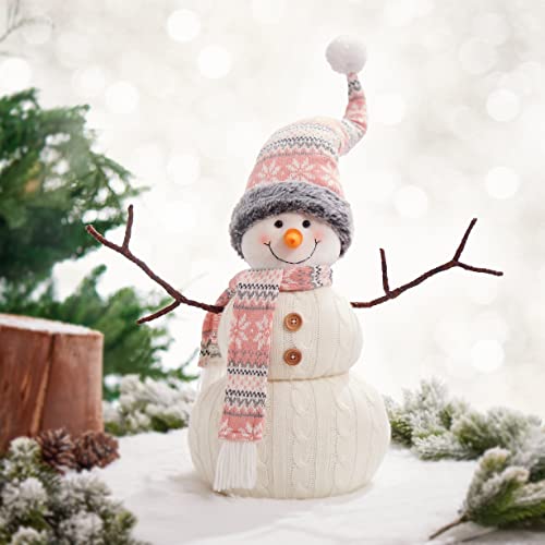 WORLDECO Pink Hat Snowman 27.5in Christmas Animated Plush Decor, Indoor Holiday Ornament