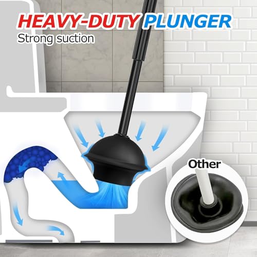 Black 3-Pack Toilet Brush and Plunger Set with Extended Handle and Storage Bases