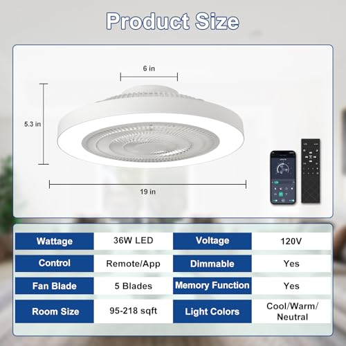 White 19-Inch Bladeless Ceiling Fan with Light and Remote Control - Flush Mount Low Profile LED Fan for Bedroom