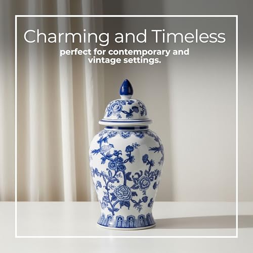 NESS AND JORD Blue 18" Ceramic Chinoiserie Ginger Jar with Lid, Large Tabletop Decor