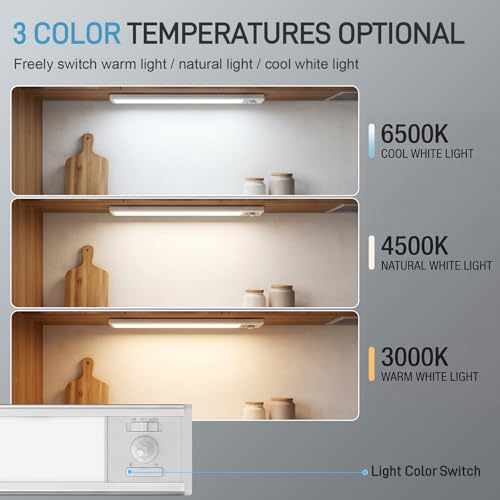 10-Inch Aluminum Under Cabinet Light - Rechargeable, Dimmable, 3 Colors, Magnetic Motion Sensor - 6 Pack
