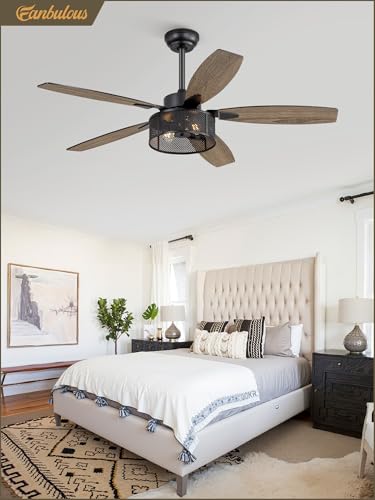 Fanbulous 52 Inch Black Farmhouse Flush Mount Ceiling Fan with Light & Remote - Rustic Caged Design