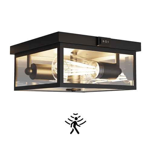 8.5 Inch Outdoor Ceiling Light with Motion Sensor Flush Mount Exterior Fixture - Dusk to Dawn, 2-Light