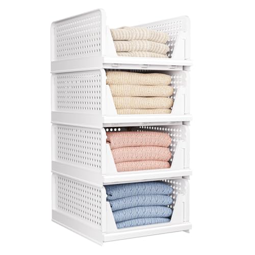 4 Pack Folding Closet Organizers Storage Bins - Stackable Plastic Drawer Baskets - White 4L - Variation of THIS listing
