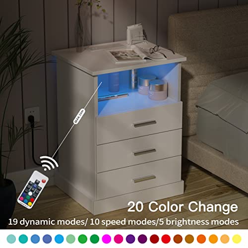 Nightstand with Charging Station & LED Lights - White End Table with 3 Drawers - Variation: White / One Nightstand