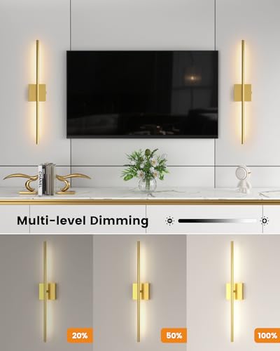 Wireless Battery Wall Sconces Set of 2 - 27.6 Inch Gold Dimmable 3000K-6500K with Remote