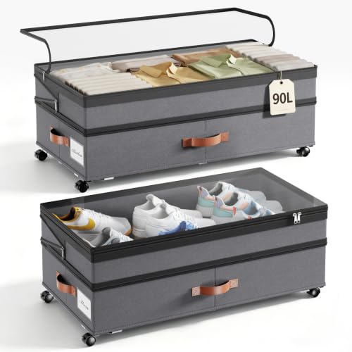 Yecaye 90L Under Bed Storage with Wheels - Grey 2 Pack, Adjustable Height