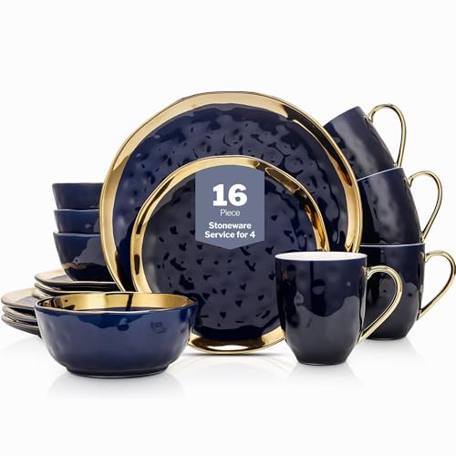 Stone Lain 16-Piece Porcelain Dinnerware Set for 4, Blue with Gold Rim, Dark Blue