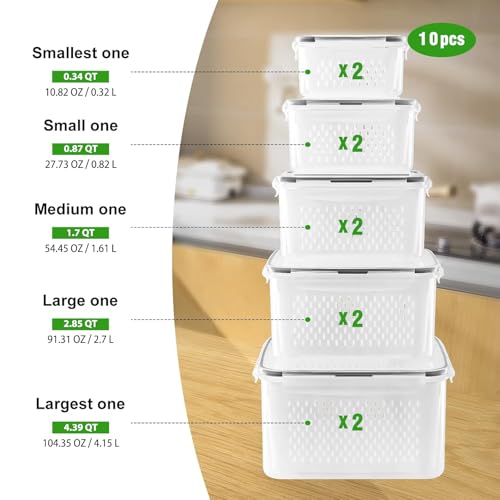 Large Fruit Storage Container with Removable Colander - 10 Pack, Freshmage