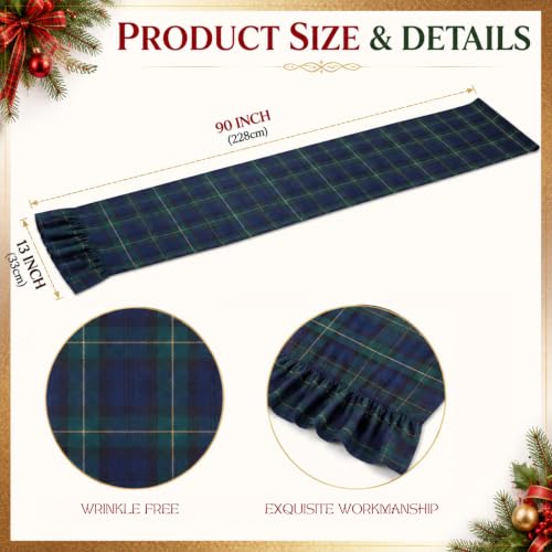 Remagr Blue Green Christmas Tartan Plaid Ruffle Table Runner Set 13x90 Inches, 3 Pieces