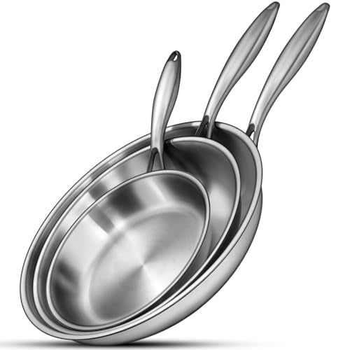 Tri-Ply Stainless Steel Frying Pan Set - 8, 10 & 12 Inch, Oven & Dishwasher Safe
