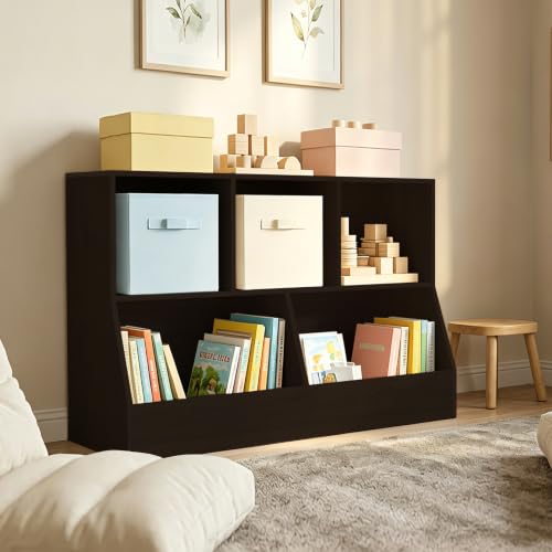 DINZI LVJ 2-Tier Toy Storage Organizer with Bookshelf, 43.3" Espresso Kids Cubby Cabinet