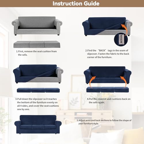 WEERRW Large Navy Blue Velvet Couch Cover 4 Pieces for 3-Cushion Sofas