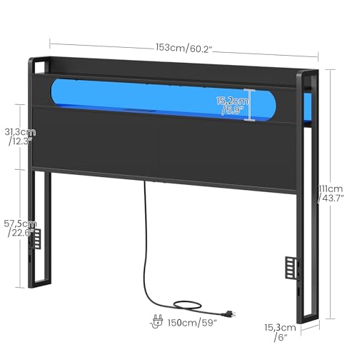 Queen Size Headboard with Storage, Charging Station & LED Light - Black