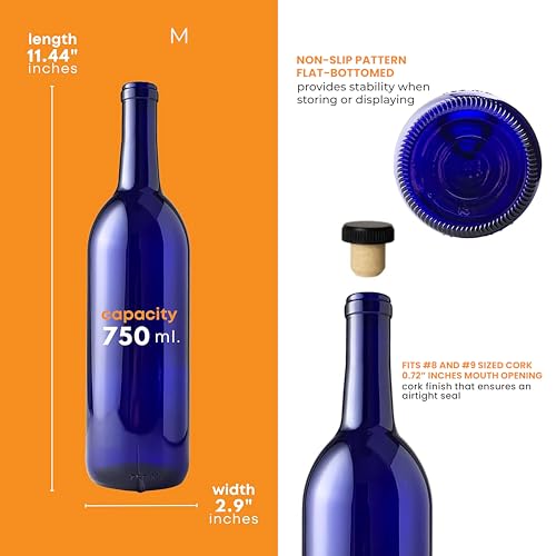 750ml Cobalt Blue Wine Bottles with Cognac Corks, 48-Pack W5 Bordeaux