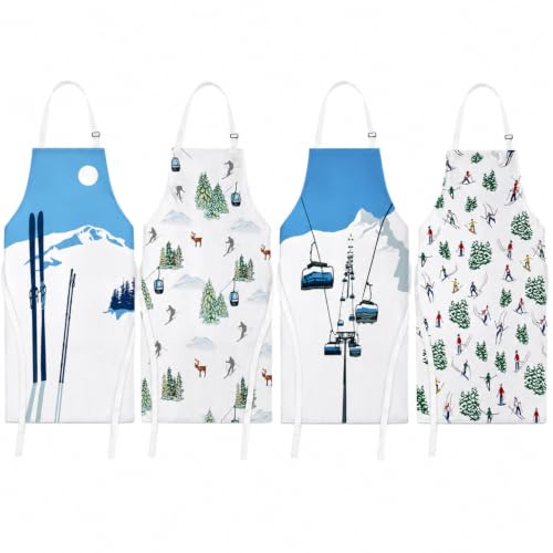 Velmitten 4 Pack Christmas Ski-Themed Kitchen Aprons for Adults