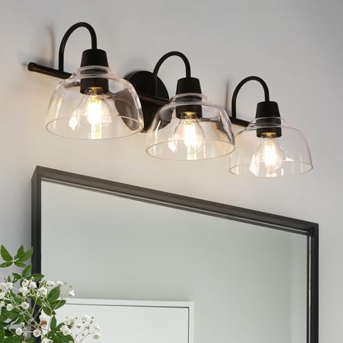 3-Light Bathroom Vanity Light Fixture with Clear Glass Shades - Modern Farmhouse Wall Lamp
