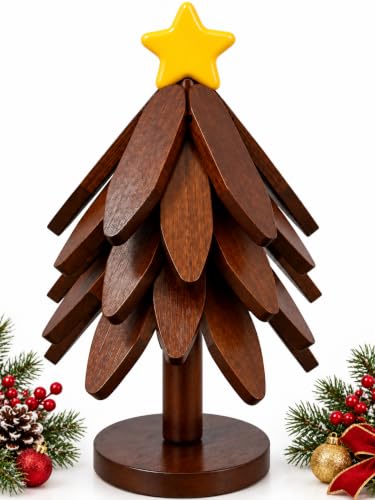 KOWINDA Brown-Star Christmas Tree Trivet Set with Stand – 5 Foldable Wooden Heat-Resistant Tree Coasters