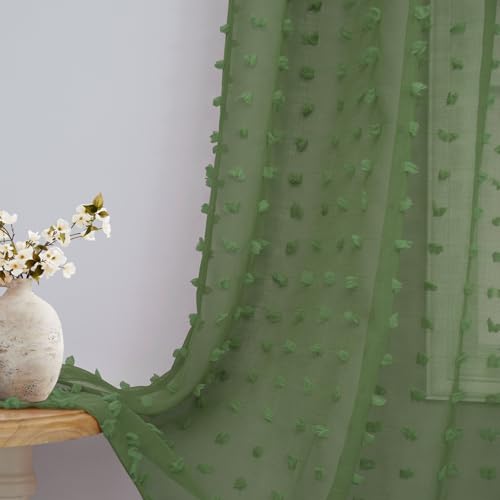 DANCURTON Olive Green Sheer Curtains 52x84 Inches Set of 2 Boho Pom Pom Window Treatments