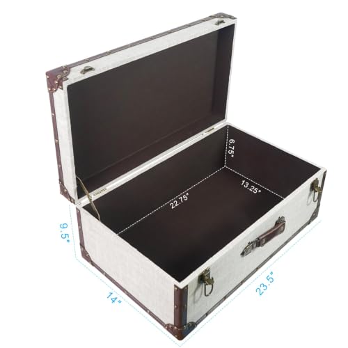 Large Decorative Wooden Storage Chest with Linen Fabric Cover - White Linen