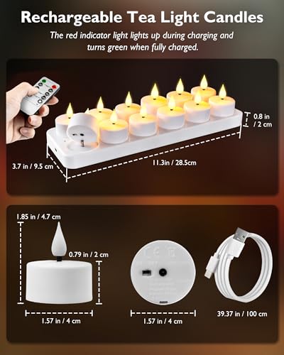 Rechargeable Tea Light Candles with Remote & Timer - Warm White, 12 Pack