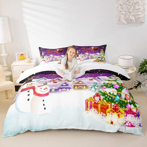 Manfei Xmas Duvet Cover Set Queen Size, Snowman Christmas Tree Bedding Set for Kids Boys Girls, Santa Claus with Reindeer Comforter Cover New Year Theme Quilt Cover with 2 Pillowcases, No Comforter
