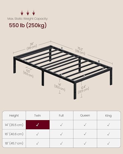 Twin Metal Bed Frame 14 Inch Tall, Noise-Free Support — Quick Assembly
