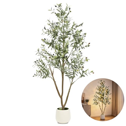 6FT Artificial Olive Tree with Lights & Planter, Realistic Faux Plant