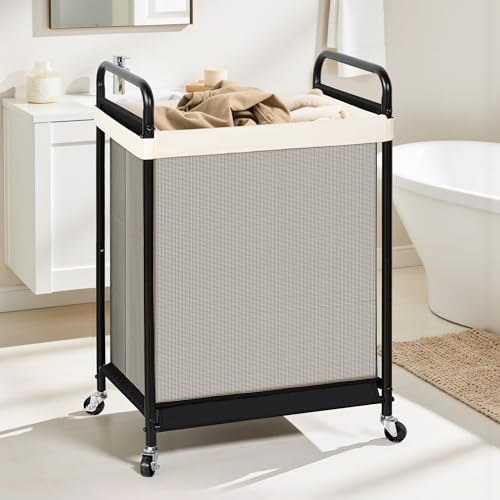 Large Laundry Hamper with Lockable Wheels, Removable Canvas Liner, Metal Frame