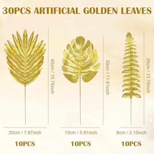 30Pcs 3 Kinds Artificial Golden Leaves with Stems Fake Gold Plants Foliage Stems Simulation Monstera Palm Leaves for Wedding Picks DIY Wreath Crafts Christmas Tree Filler Decors