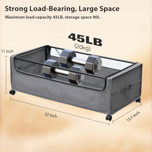 Grey 4-Pack Under Bed Storage Drawers with Lockable Wheels - Heavy Duty, Clear Lid
