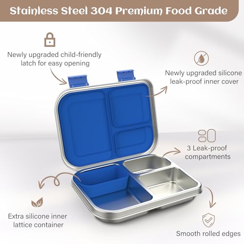 BABHAMNESS Stainless Steel Bento Box Kids, 3 Compartments Leak Proof
