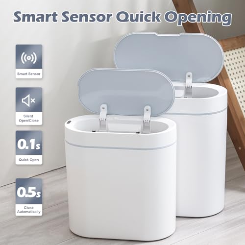 ELPHECO 2 Pack Smart Sensor Trash Cans 2 & 2.5 Gallon Automatic Waste Bins for Kitchen & Bathroom, White