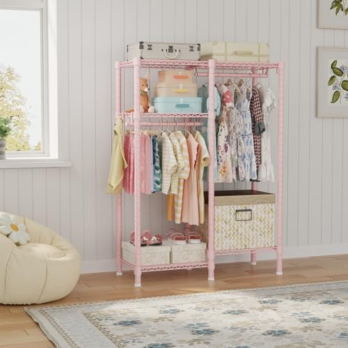 Pink Kids Clothes Rack with 4 Tiers, Metal Garment Organizer for Children's Room